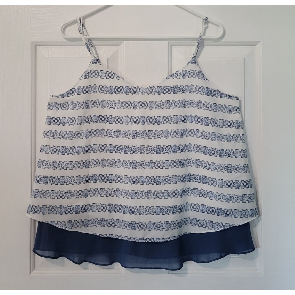 LOFT Petite Medium MP Layered Floral Stripe Cami Tank Top White Blue Adjustable